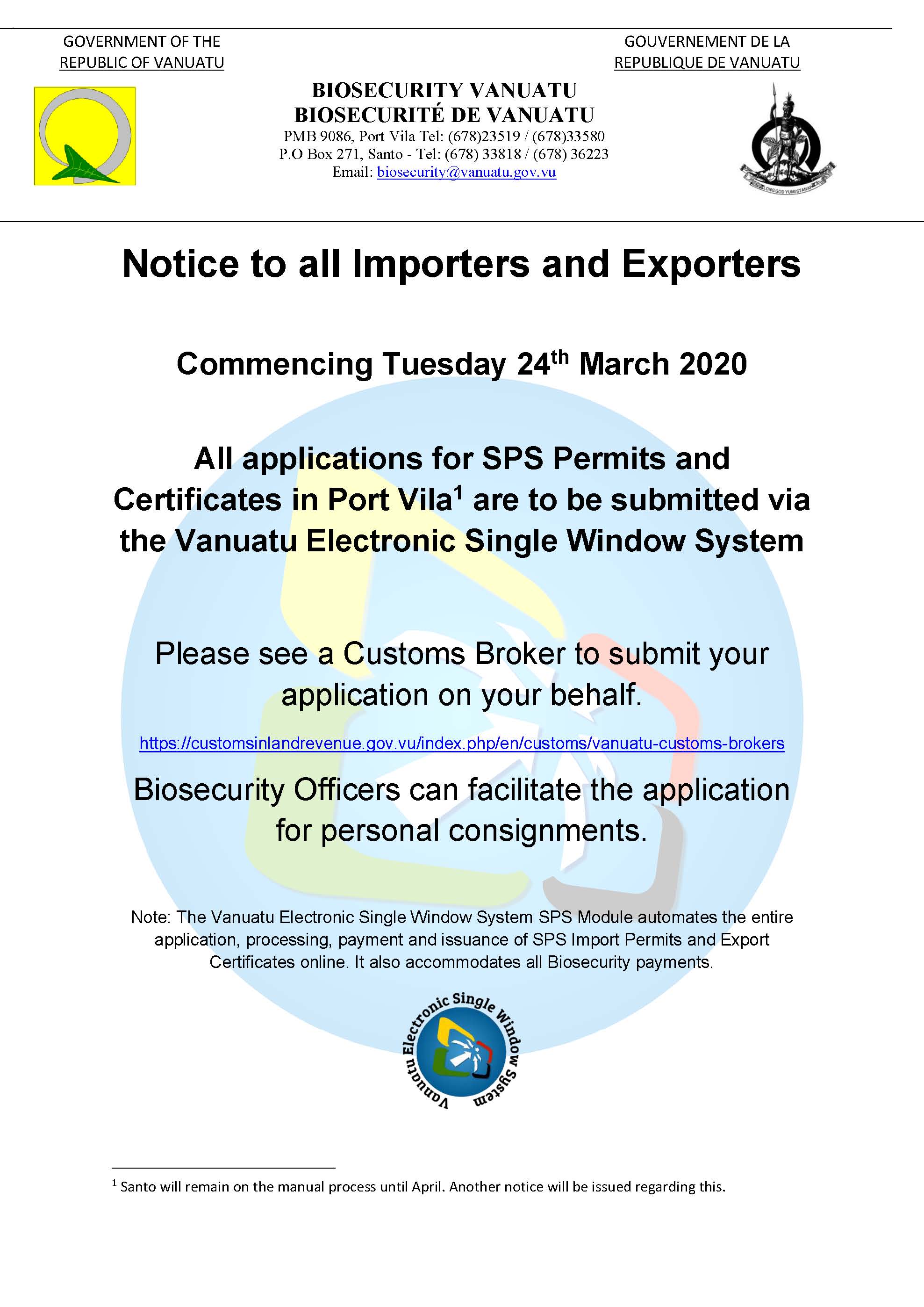 Notice to all Importers and Exporters – Vanuatu Electronic Single Window System